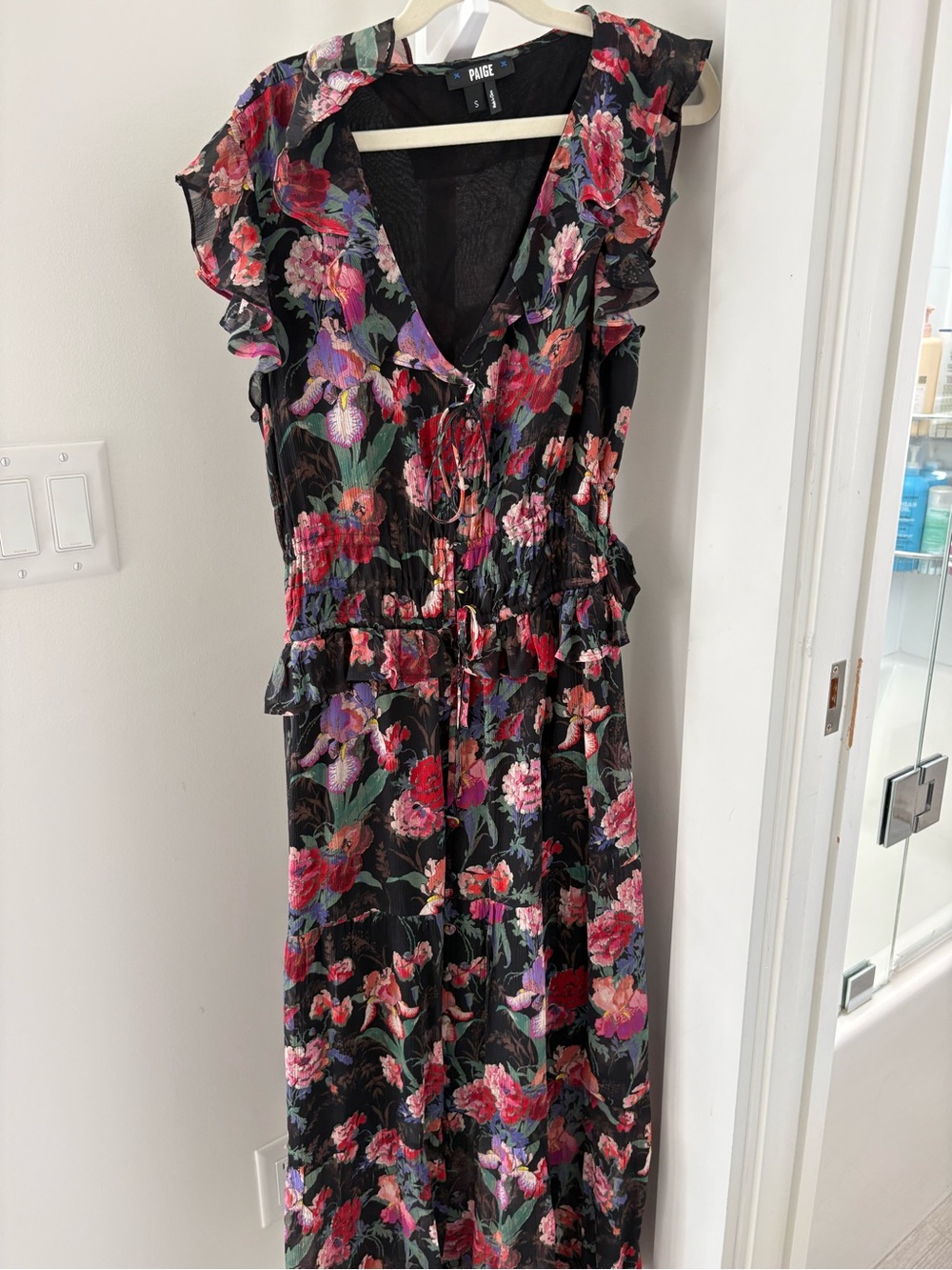 PAIGE Black Floral Maxi Dress with Red & Purple Blooms